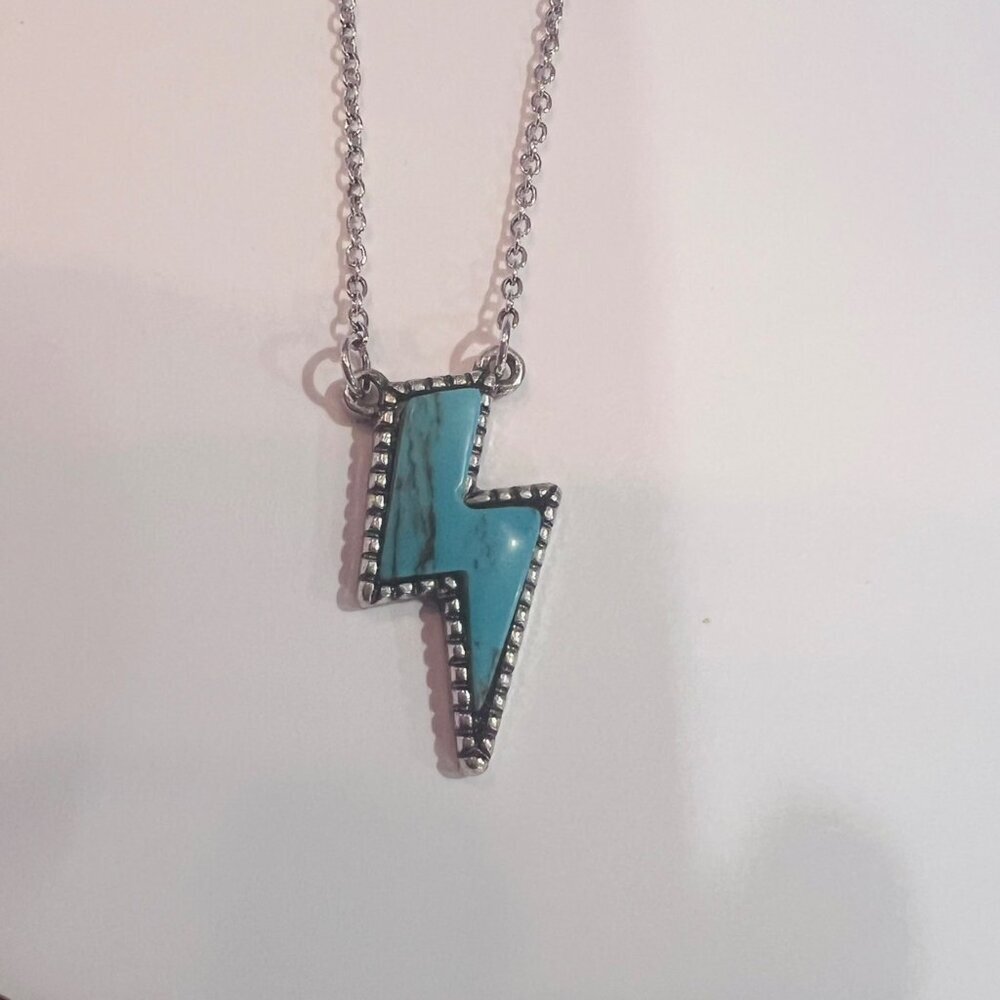 Lightning Bolt Pendant Necklace With Turquoise Inlay On Silver-Tone Chain - Picture 3 of 6